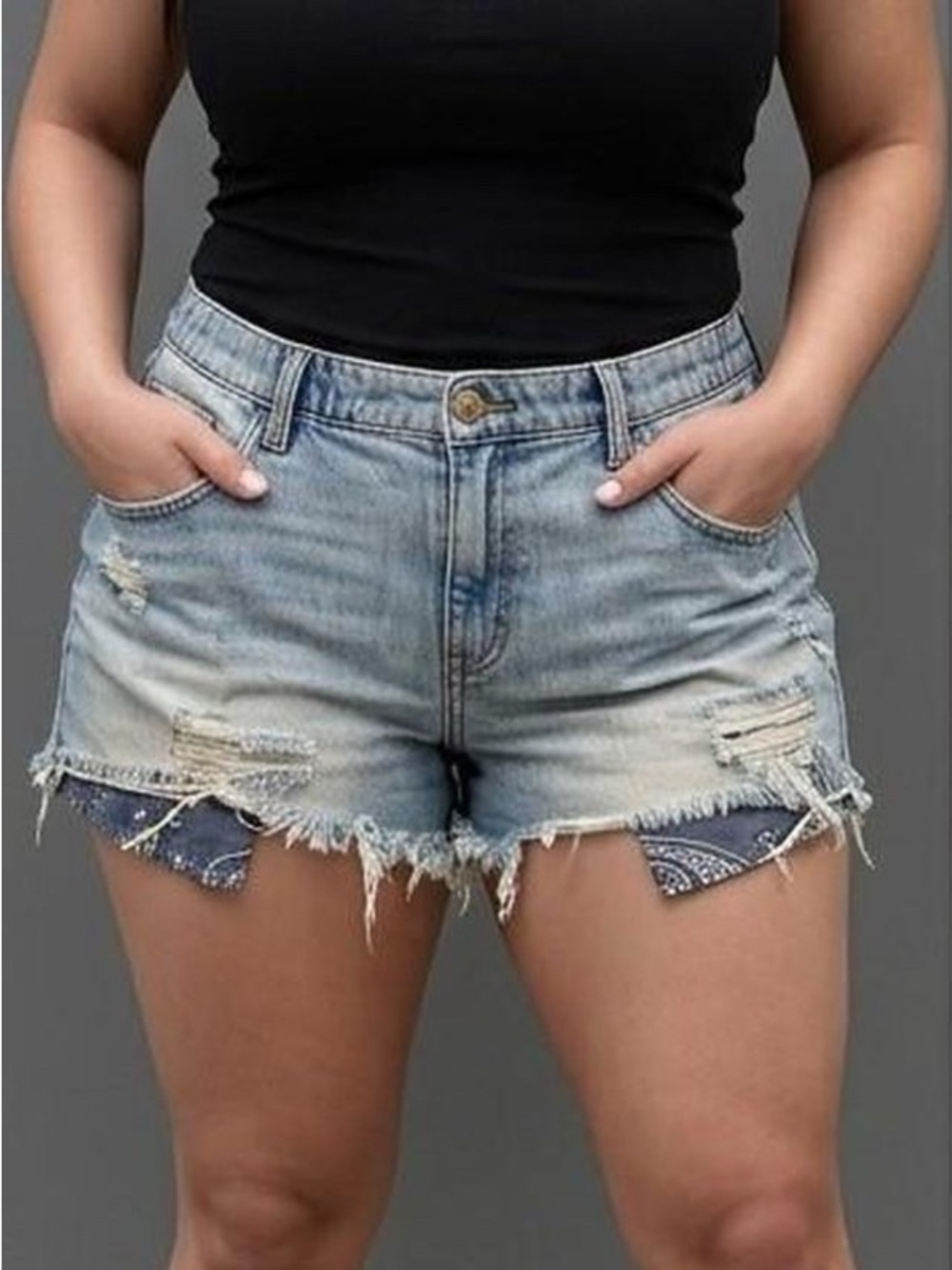 aerie Light Blue Distressed Denim Shorts with Bandana Inset